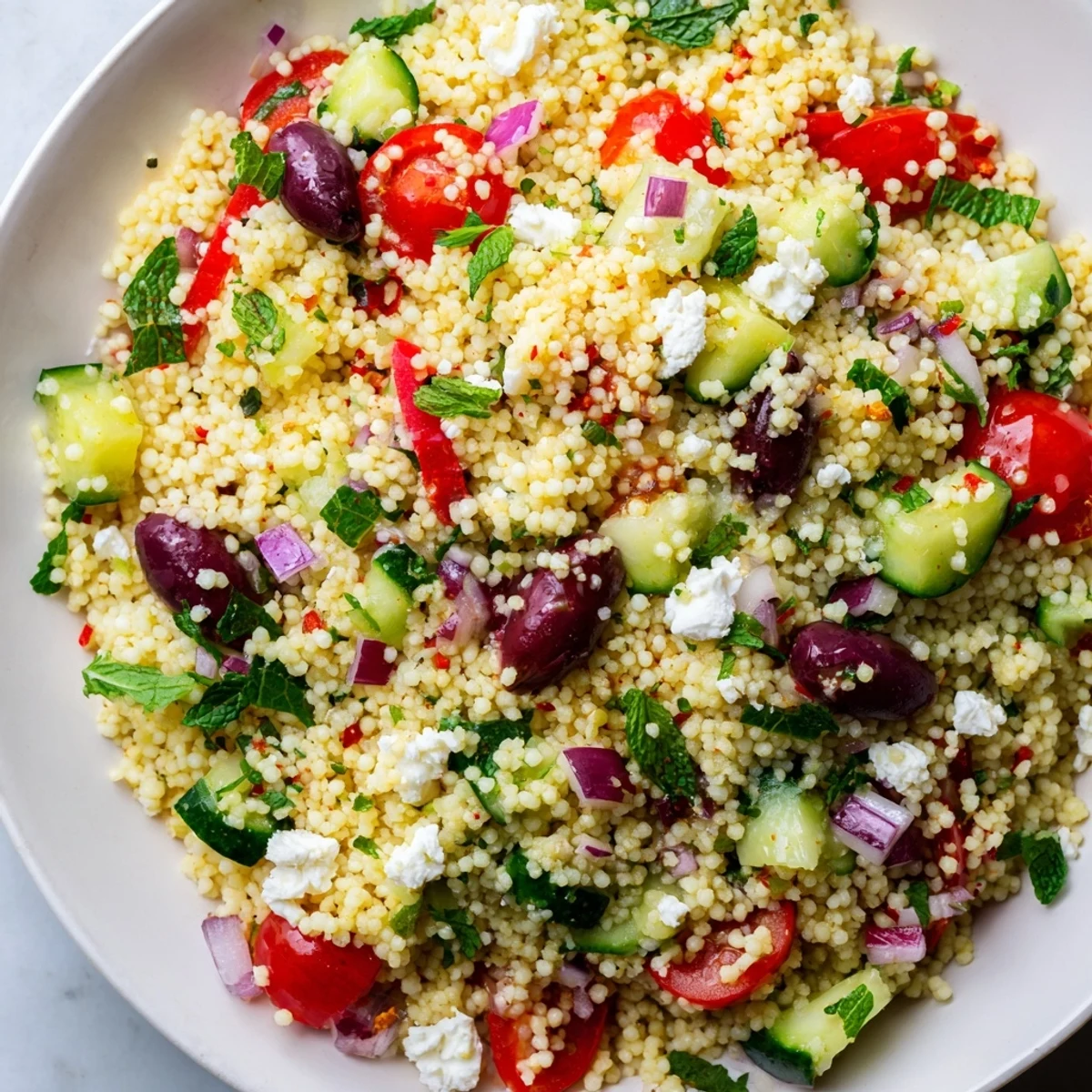 Golden couscous tossed with crisp veggies and crumbled feta in Mediterranean couscous salad with hot honey lemon vinaigrette