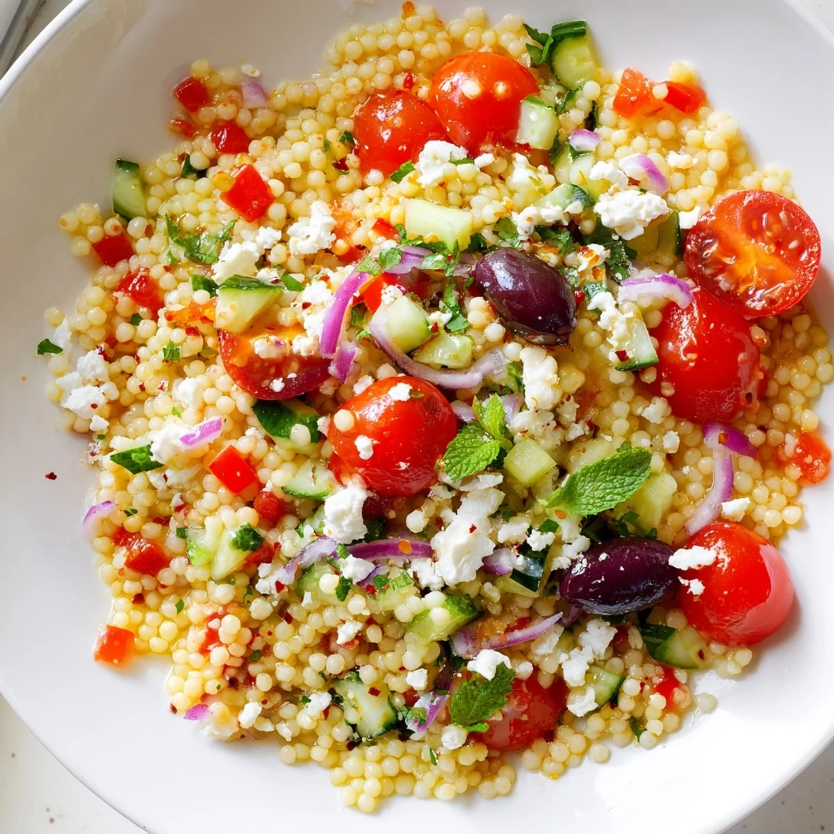 Fluffy couscous studded with bright tomatoes, olives, and herbs drenched in a spicy-sweet citrus dressing