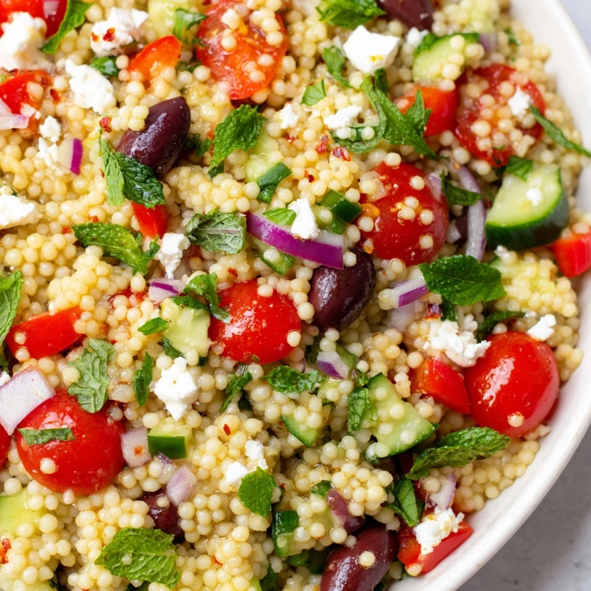 Colorful Mediterranean couscous salad with hot honey lemon vinaigrette served in a rustic white bowl