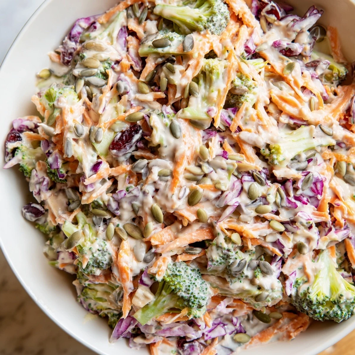 Creamy broccoli slaw with cranberries and sunflower seeds in a vibrant bowl