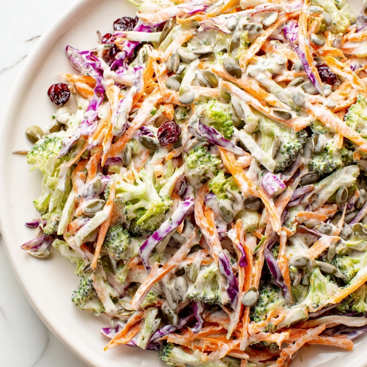 Tangy broccoli slaw tossed with shredded carrots, red cabbage, and creamy dressing
