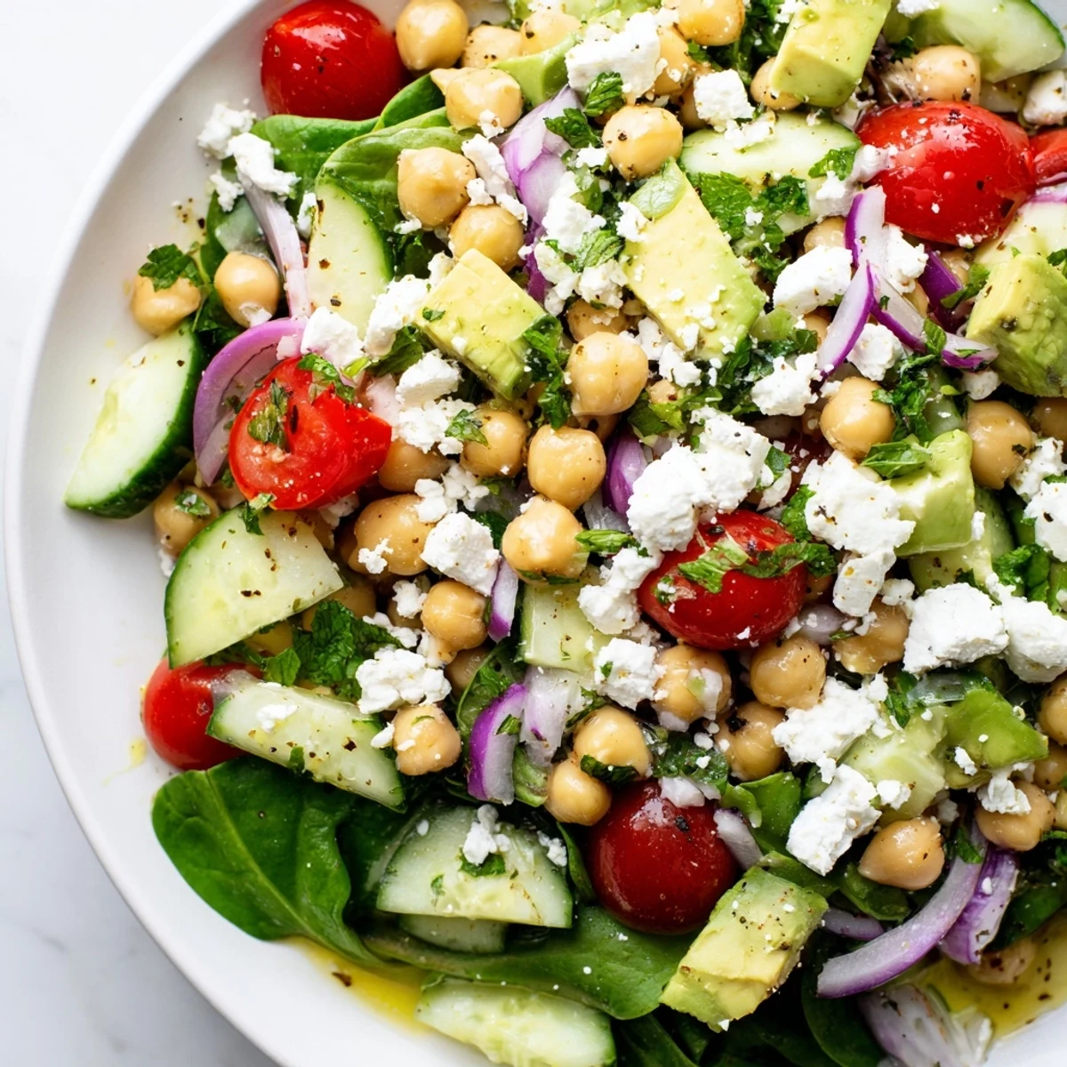 Creamy chickpea feta avocado salad piled in a rustic white serving bowl