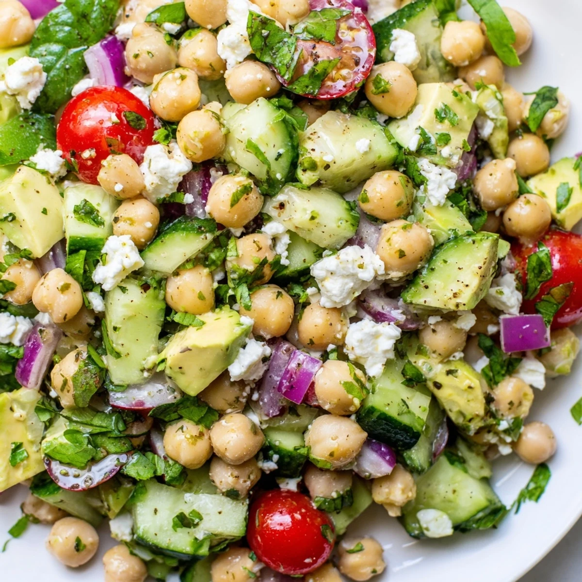 Chickpea feta avocado salad topped with crumbled cheese, tomatoes, and fresh herbs