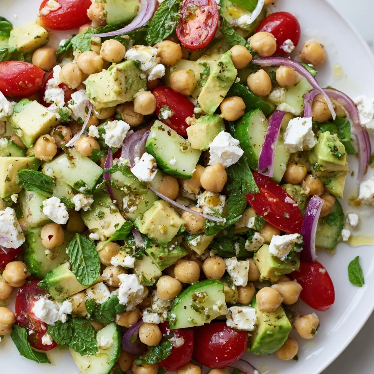 Bright lemon-dressed chickpea feta avocado salad served over crisp mixed greens