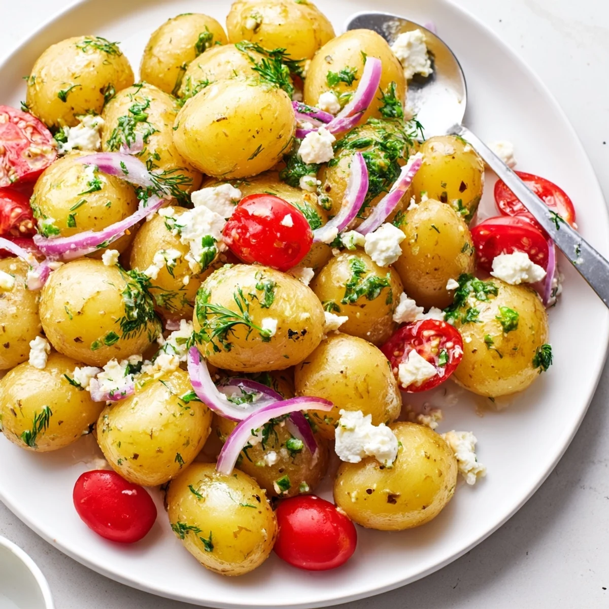 Creamy potato and feta salad topped with fresh herbs and juicy tomatoes