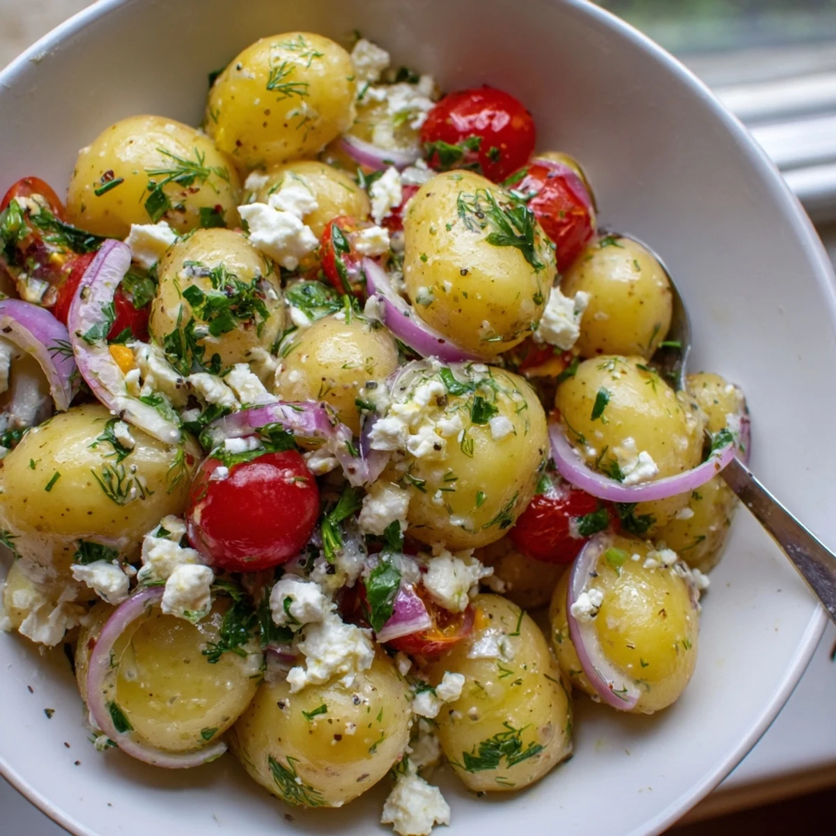 Tender golden potato chunks tossed with crumbled feta in a bright lemon herb dressing