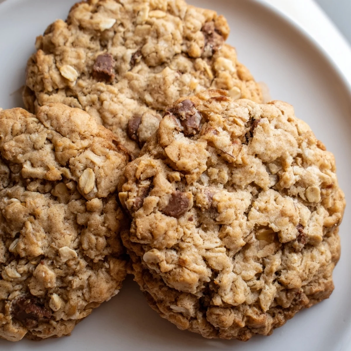 Thick chewy banana oatmeal cookies studded with chocolate chips served warm alongside a cold glass of milk.