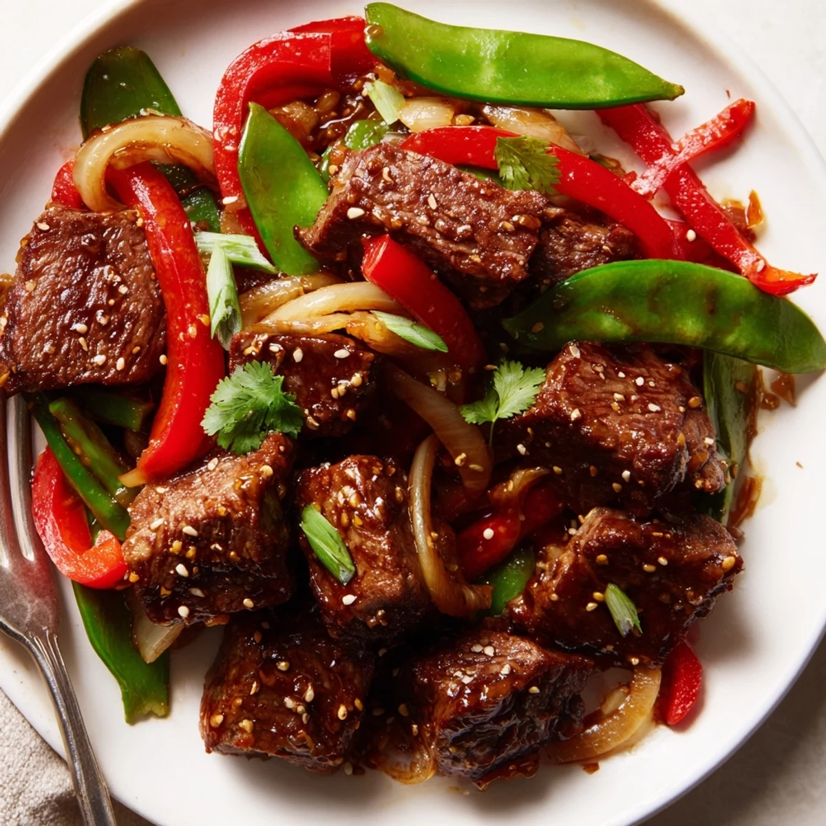 Juicy Asian inspired cube steak glazed in soy ginger sauce with crisp colorful stir fried vegetables