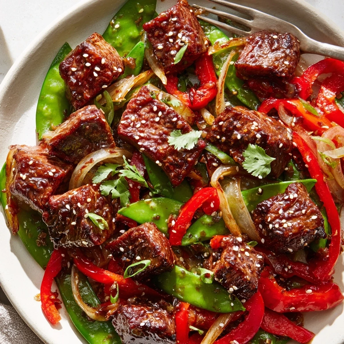 Pan seared Asian inspired cube steak topped with sesame seeds and served over steamed white rice