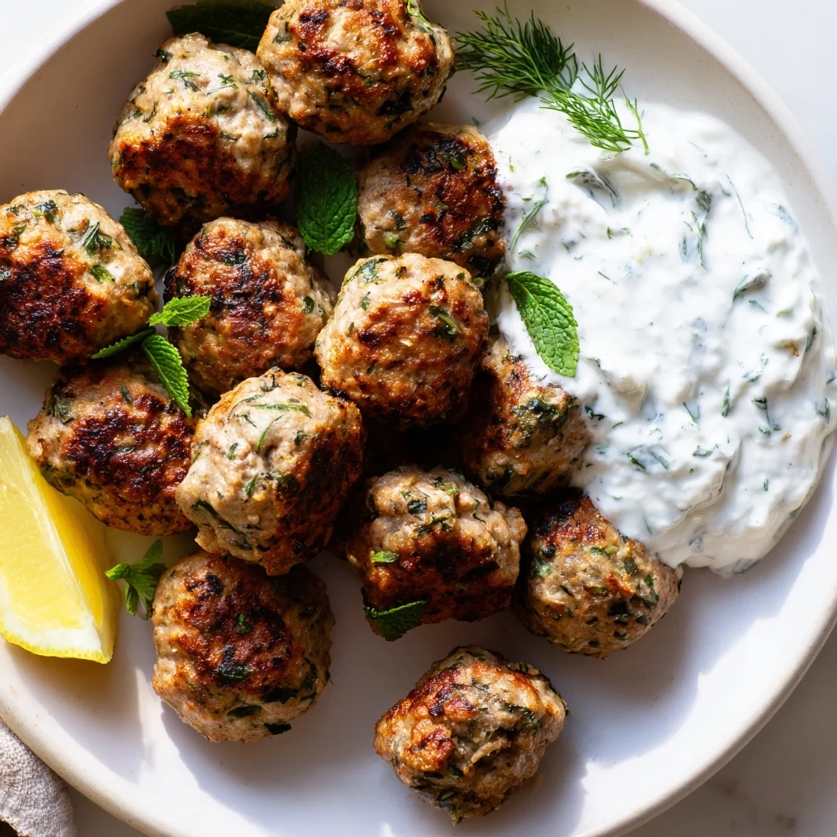 Golden herb-crusted Greek turkey meatballs nestled beside a bowl of cool tzatziki sauce