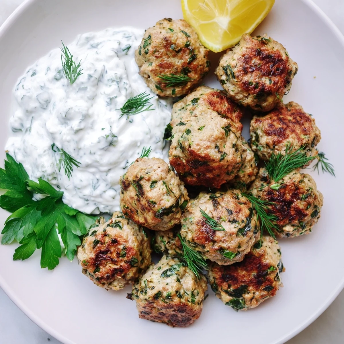Juicy Greek turkey meatballs with tzatziki drizzled with fresh lemon and garnished with dill