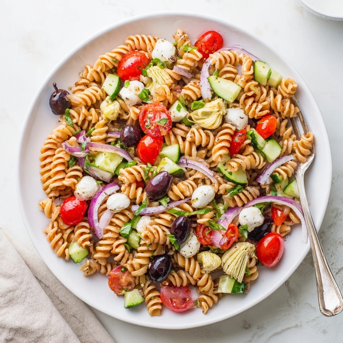 A colorful vegetarian Italian pasta salad tossed with fresh vegetables and tangy vinaigrette in a rustic serving bowl.