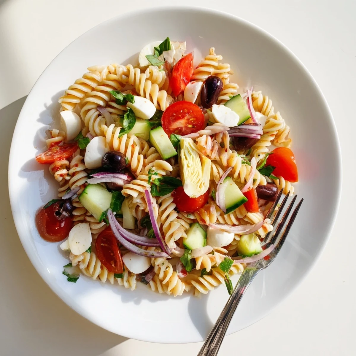 Vegetarian Italian pasta salad featuring mozzarella pearls, ripe cherry tomatoes, and fragrant basil on a sunny picnic table.