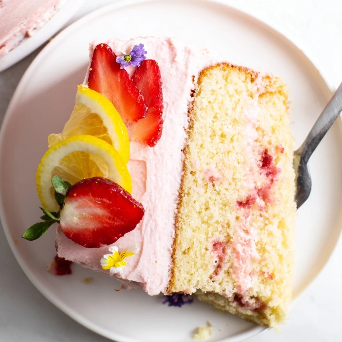 Frosted strawberry lemonade cake topped with fresh berries and lemon slices on a sunny plate