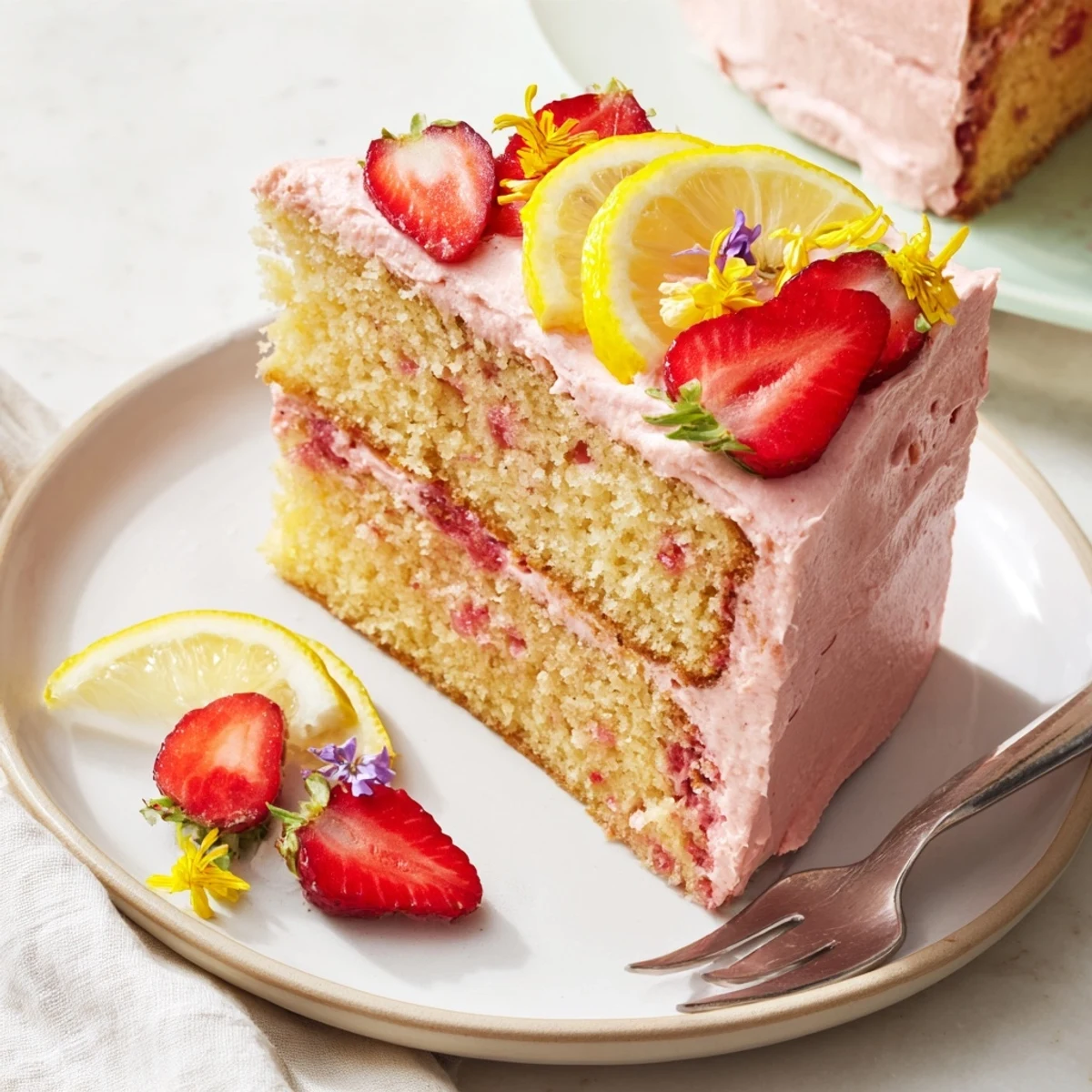 A tall strawberry lemonade cake with pink cream cheese frosting served on a vintage cake stand
