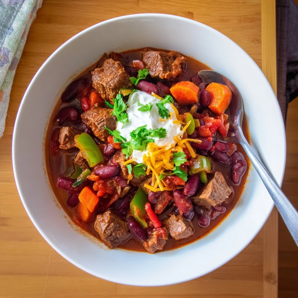 Steaming bowl of beefy chili stew with tender meat, beans, and rich red broth
