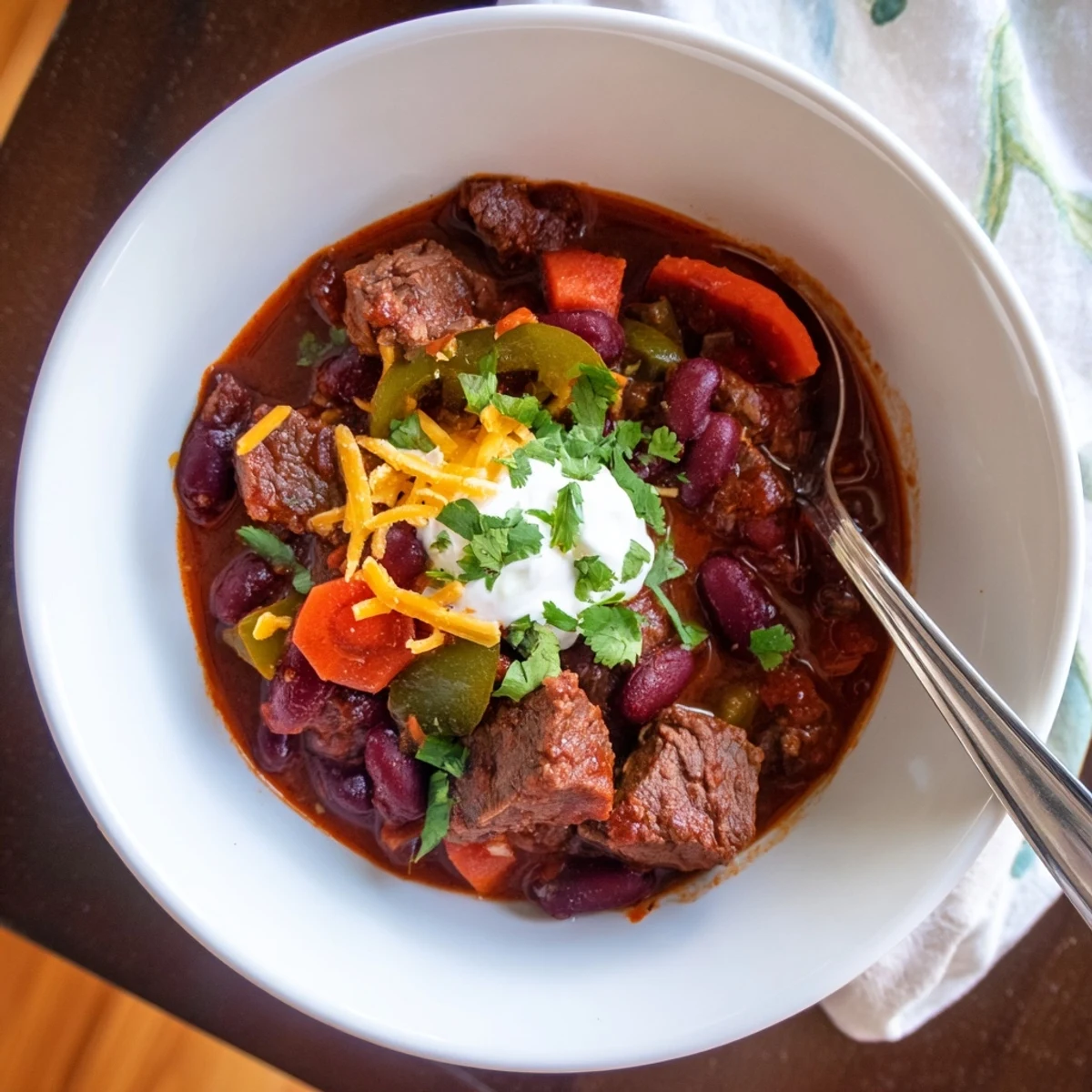 Thick, savory beefy chili stew loaded with beef chunks and kidney beans