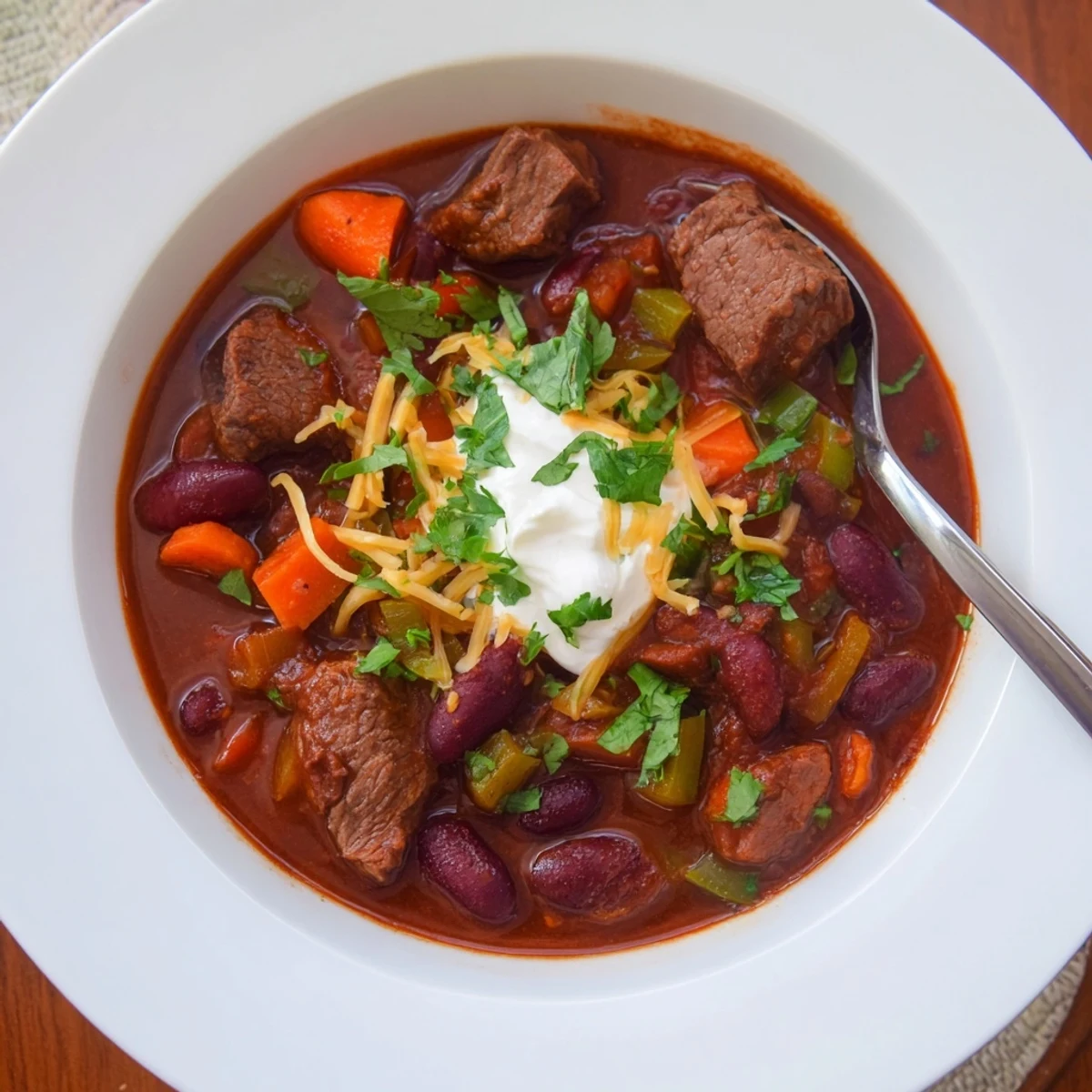 Hearty beefy chili stew topped with fresh cilantro in a rustic ceramic bowl