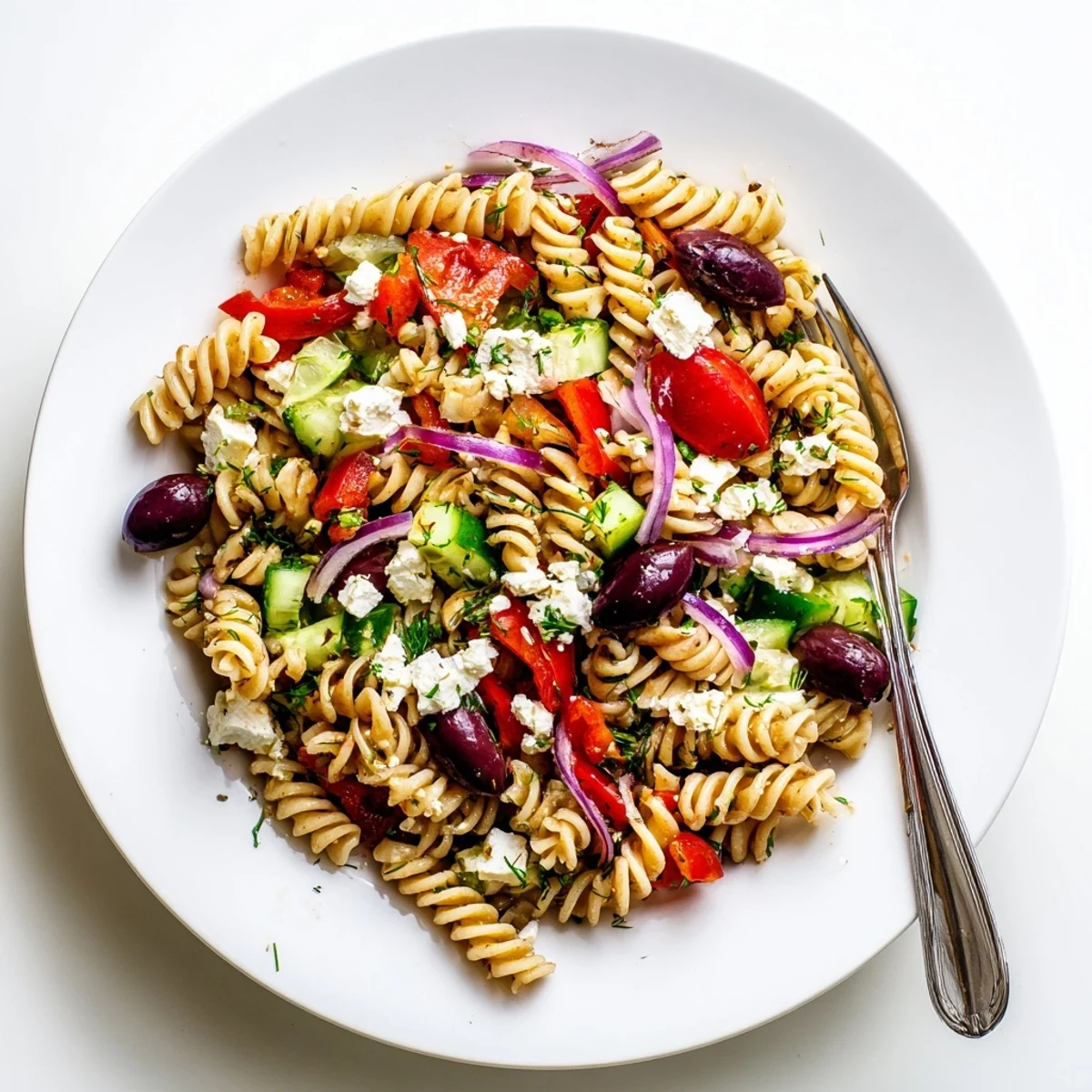 Greek pasta salad tossed with juicy tomatoes, crisp cucumbers, and tangy lemon herb dressing