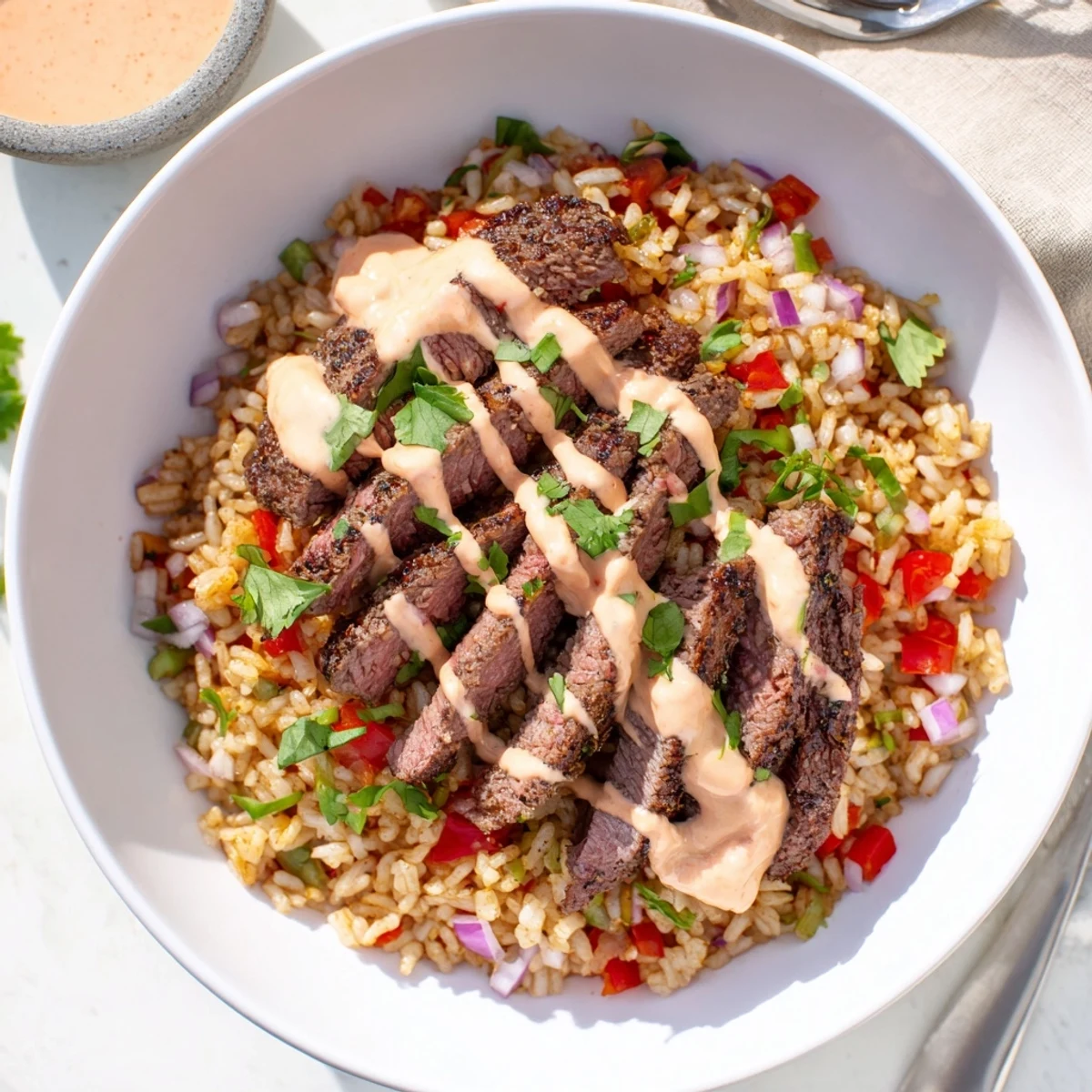 Sizzling steak queso rice topped with tender sliced beef and vibrant bell peppers