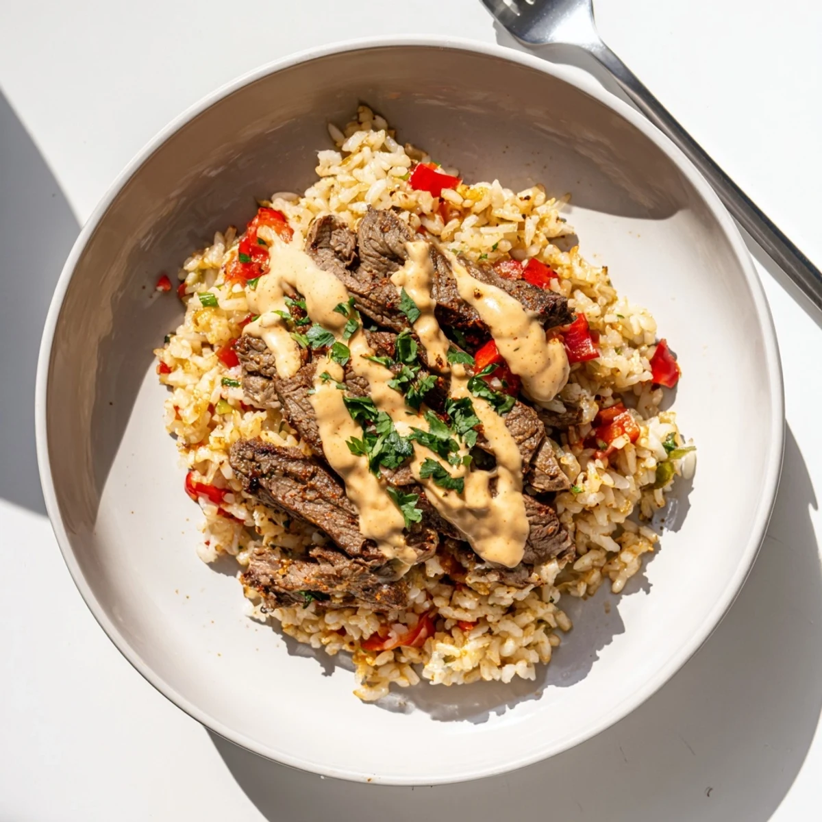 Golden steak queso rice smothered in warm spicy queso and garnished with fresh cilantro