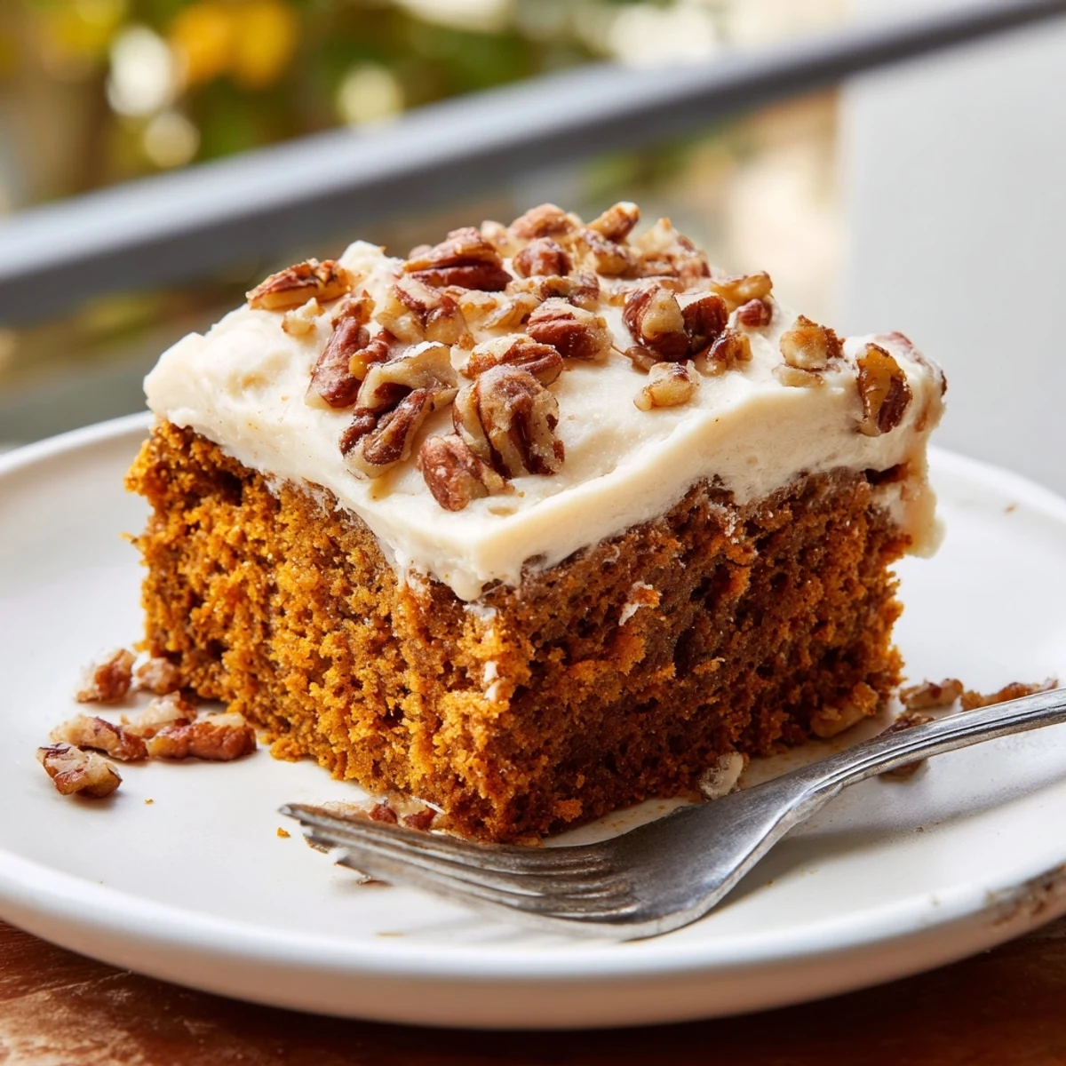 A slice of pumpkin pecan cake with thick cinnamon cream cheese icing on a rustic plate