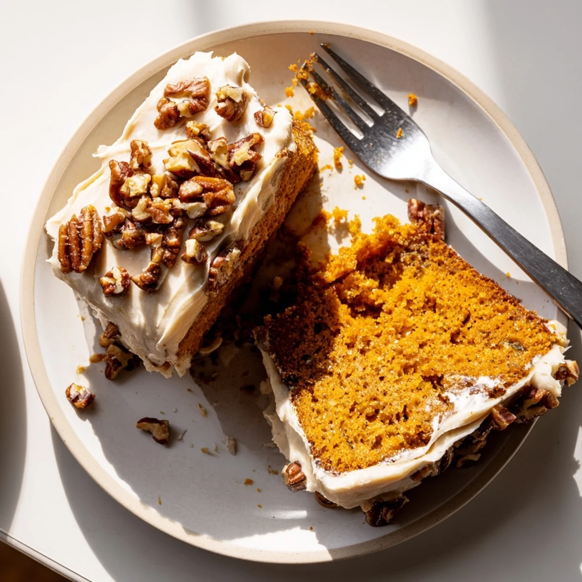 Warm spiced pumpkin pecan cake topped with fluffy cinnamon icing and scattered toasted nuts