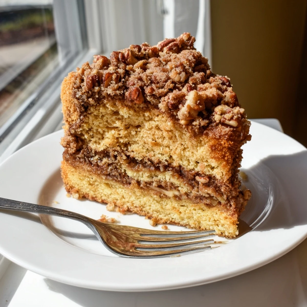 Warm cinnamon pecan crunch coffee cake sliced on a rustic wooden cutting board