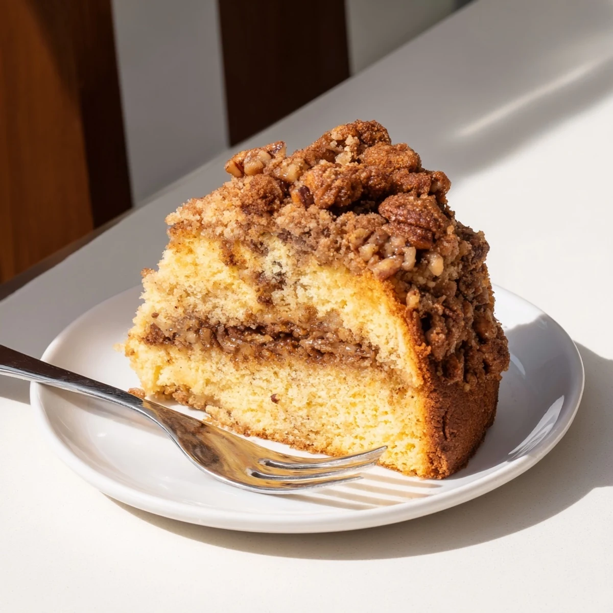Golden cinnamon pecan crunch coffee cake topped with a crumbly spiced nut streusel