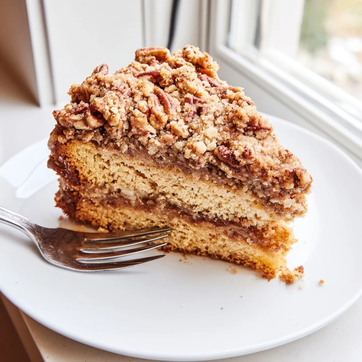 Moist cinnamon pecan crunch coffee cake served on a plate with steam rising