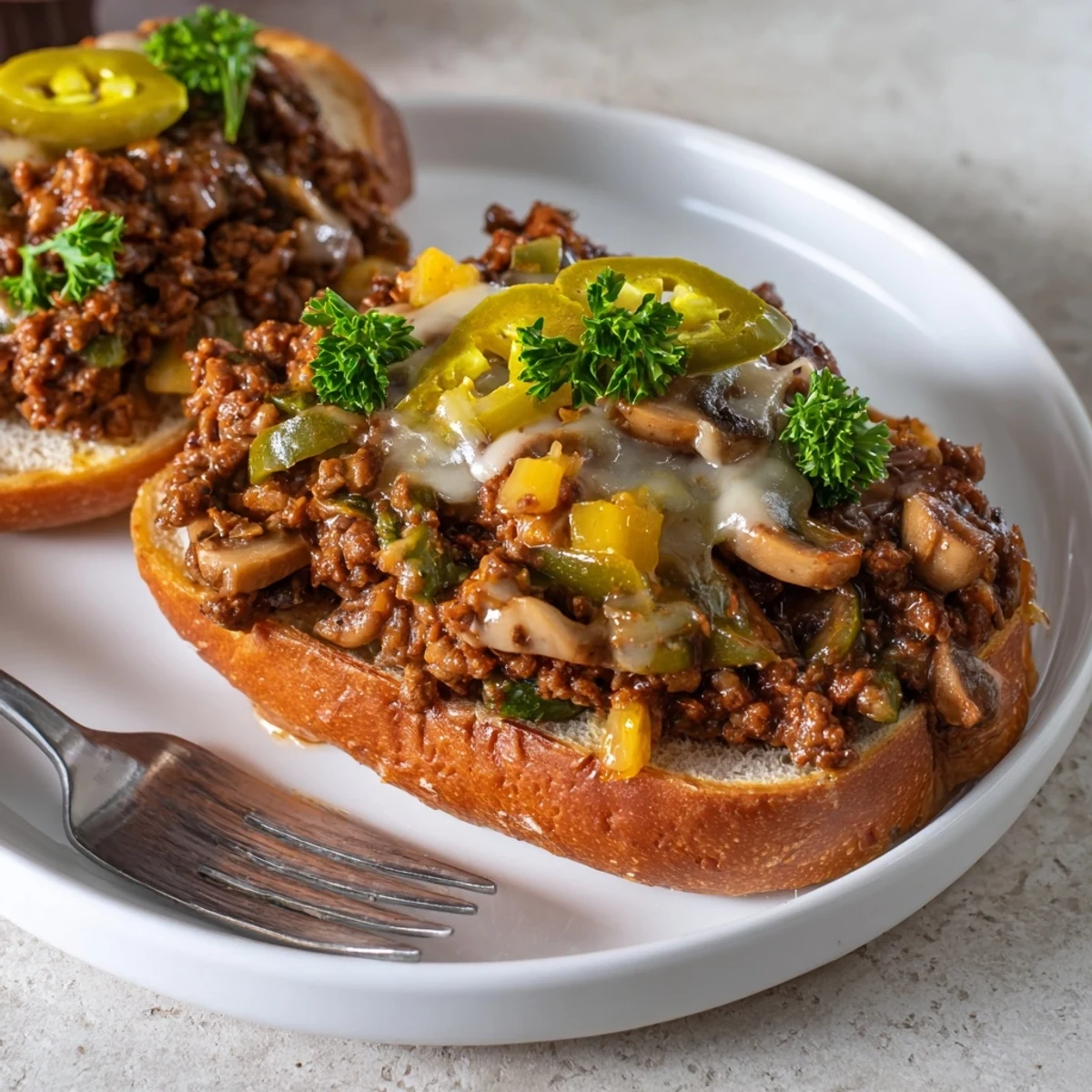 Cheesy Philly Sloppy Joes with melted provolone dripping over a golden toasted brioche bun