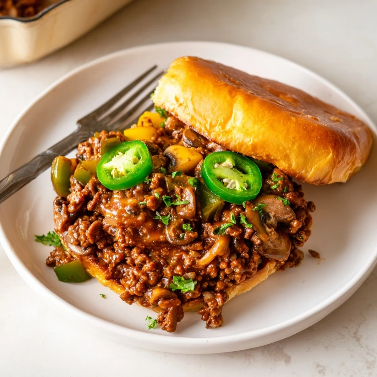 Juicy ground beef and sautéed peppers smothered in cheese inside Cheesy Philly Sloppy Joes