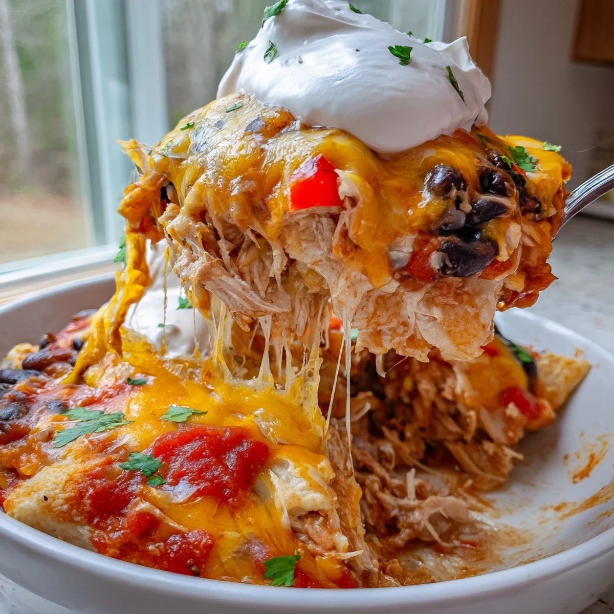 Golden chicken burrito casserole with melted cheddar, beans, and rice fresh from the oven