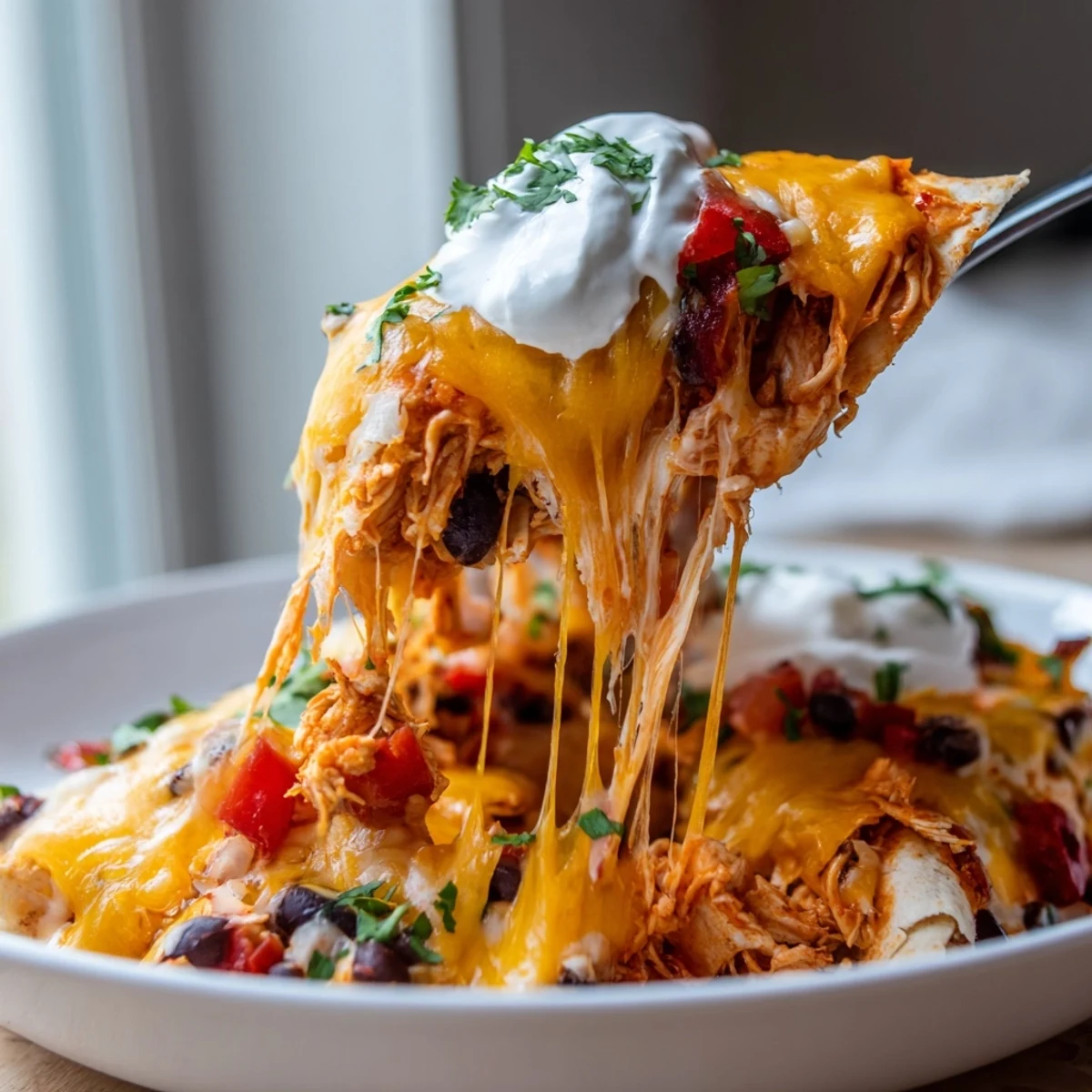 Creamy chicken burrito casserole layered with salsa, tender shredded chicken, and bubbling cheese