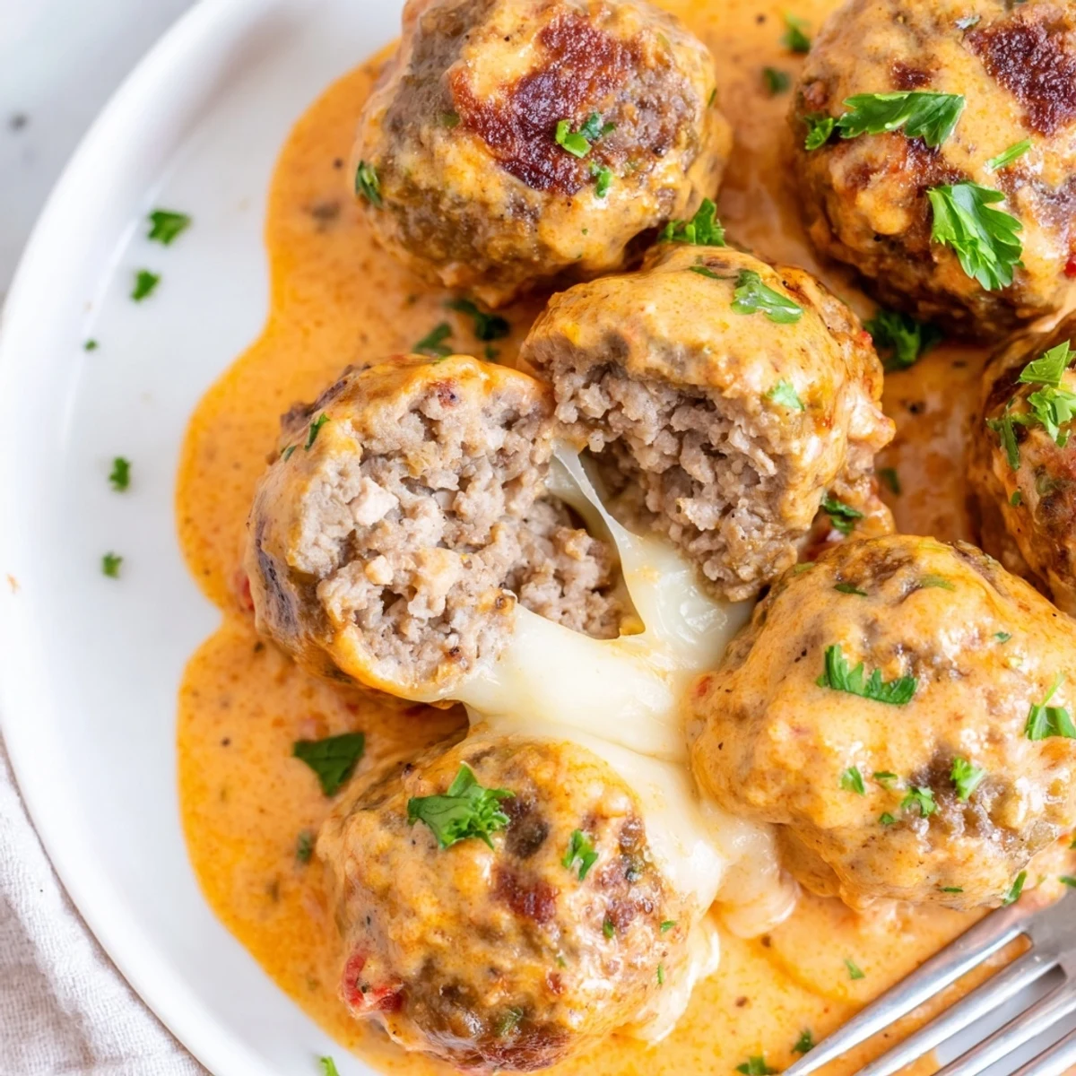 Golden cheese stuffed meatballs smothered in creamy spicy cheese sauce on a rustic plate