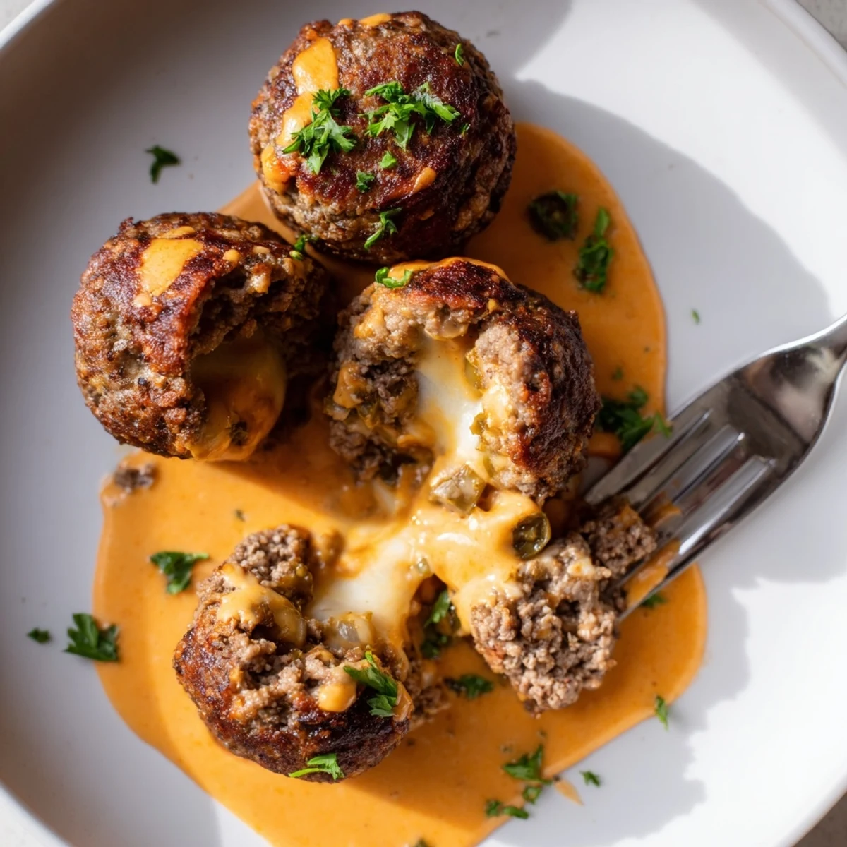 Cheese stuffed meatballs with spicy cheese sauce drizzled over freshly baked crusty bread