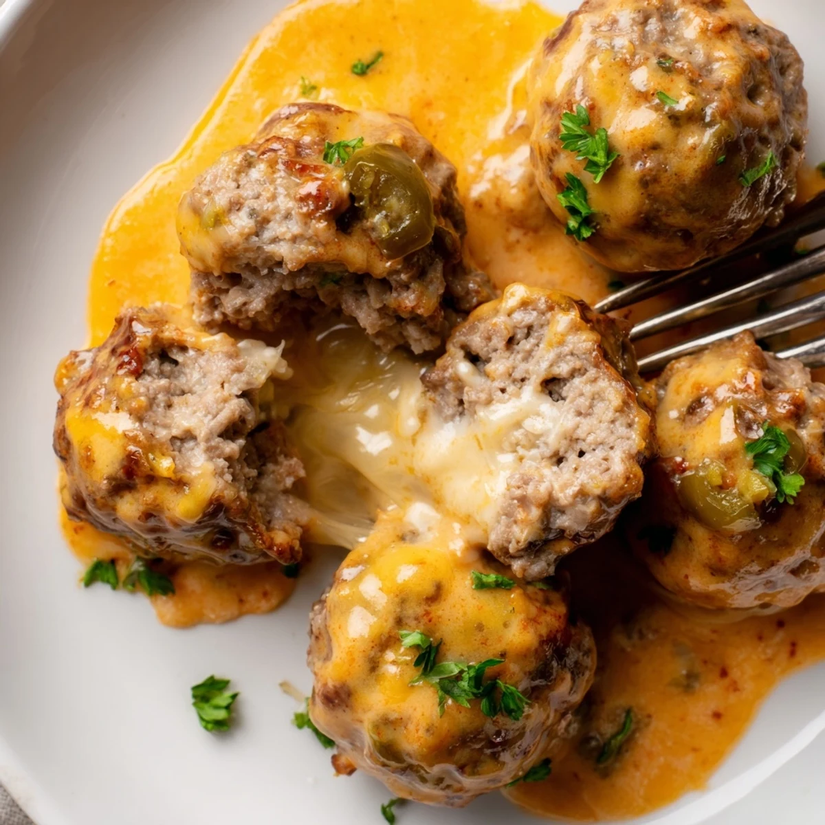 Close-up of gooey cheese stuffed meatballs dripping with warm spicy cheese sauce