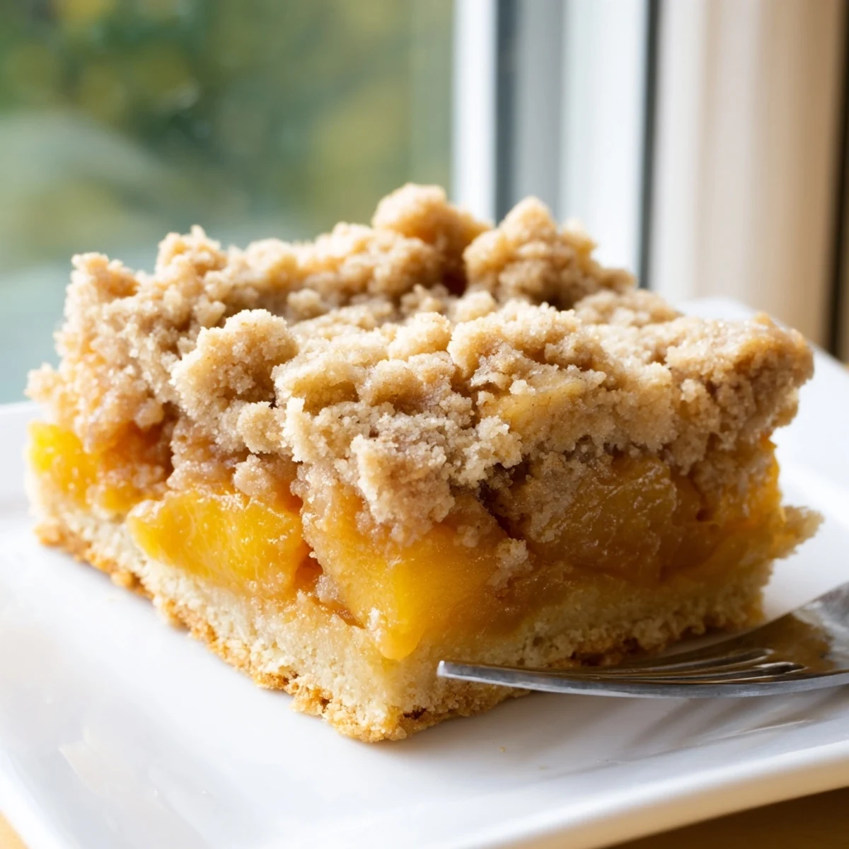 Golden sweet and buttery peach bars with cinnamon streusel fresh from the oven