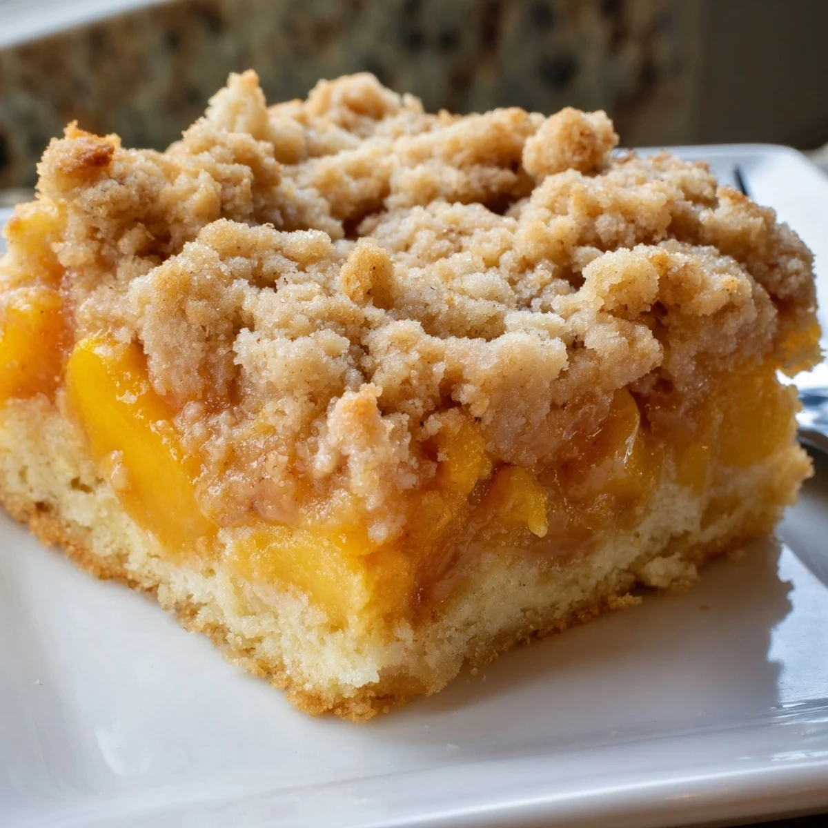 Sweet and buttery peach bars with cinnamon streusel sliced on a rustic cutting board