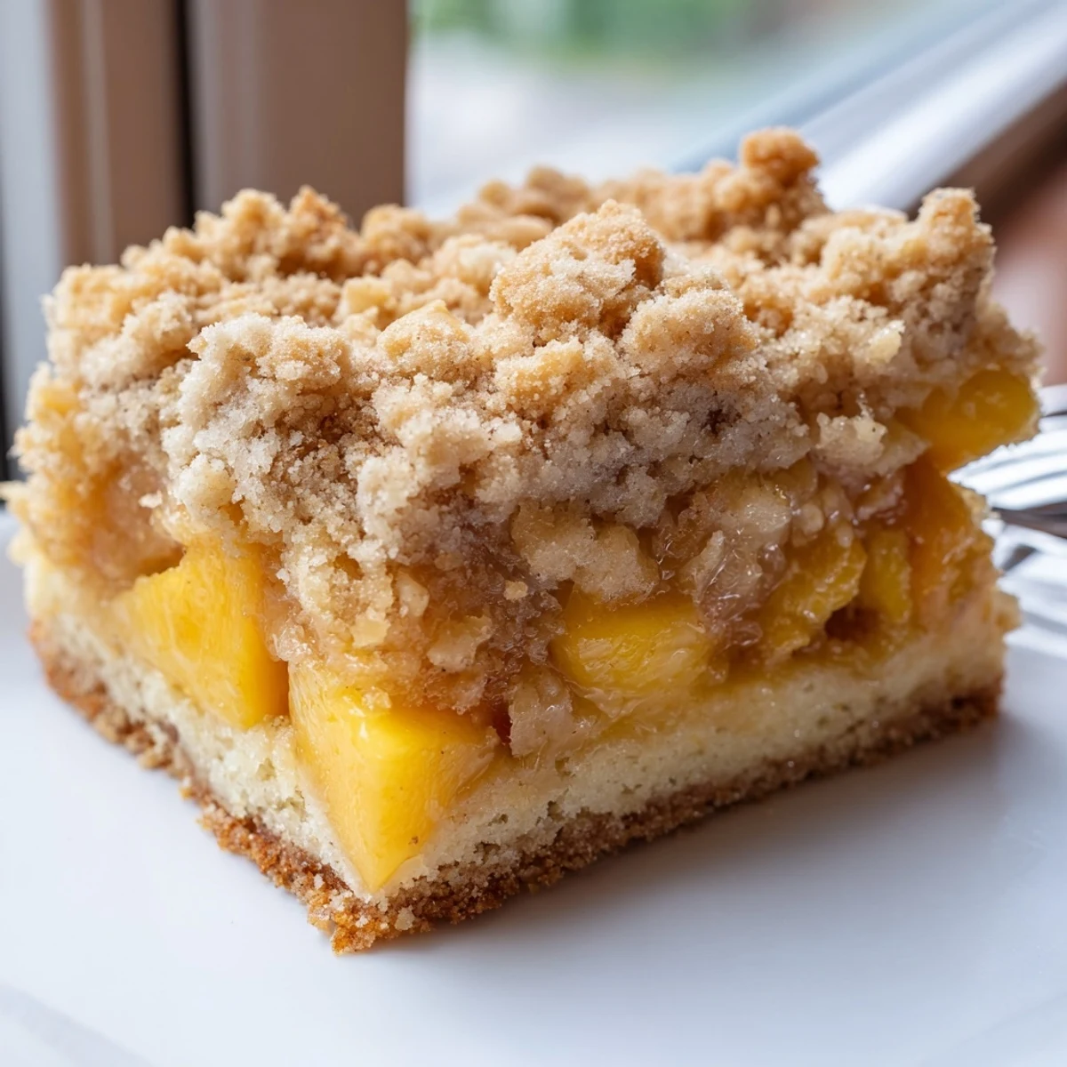 Warm sweet and buttery peach bars with cinnamon streusel topped with vanilla ice cream
