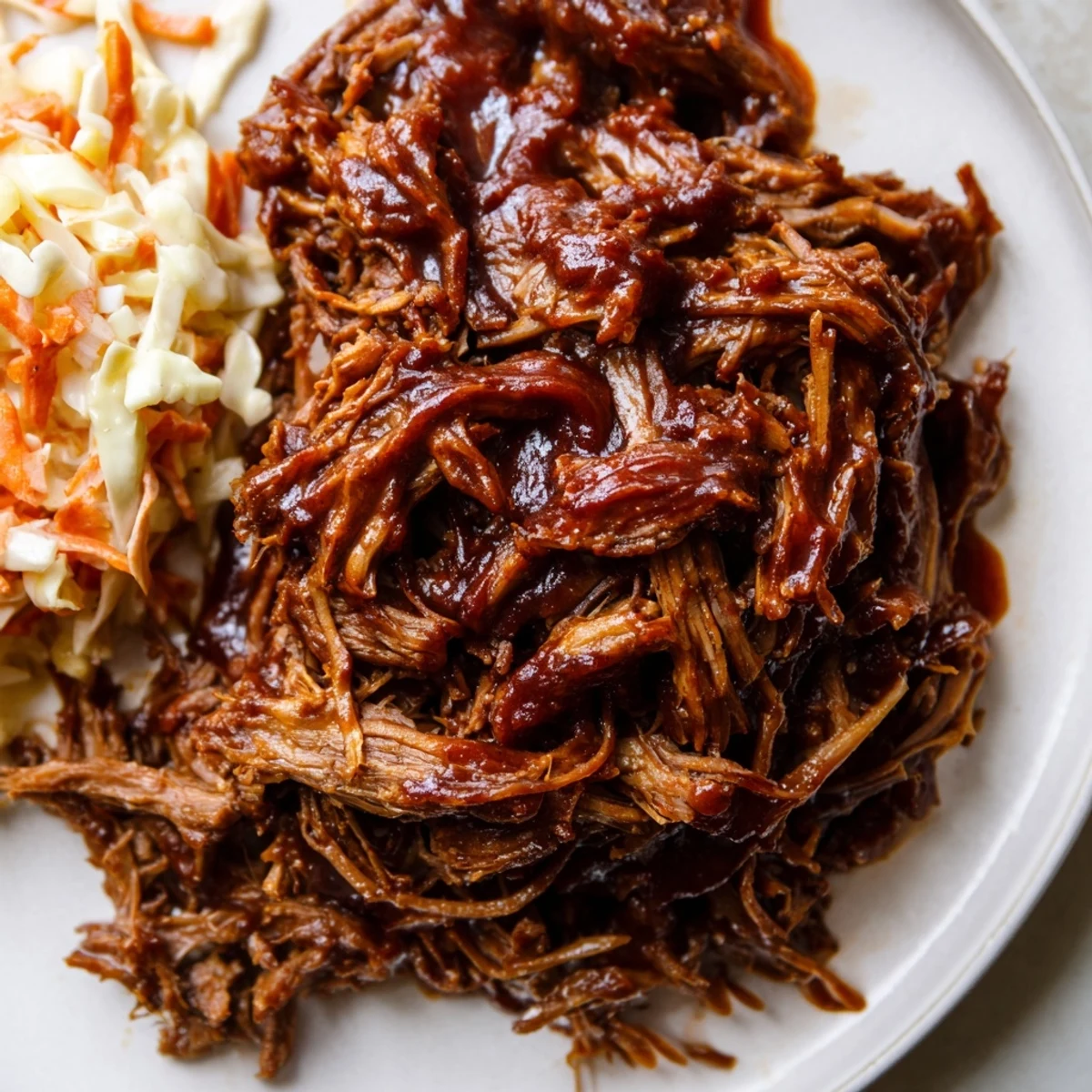 Tender slow cooker BBQ pulled beef piled high on a toasted hamburger bun with creamy coleslaw