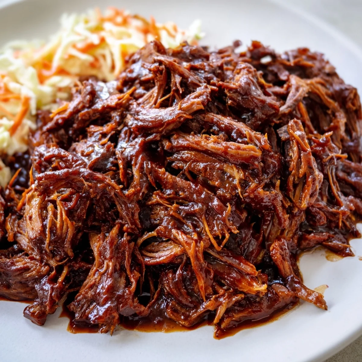 Hearty slow cooker BBQ pulled beef shredding apart with forks in a dark tangy sauce