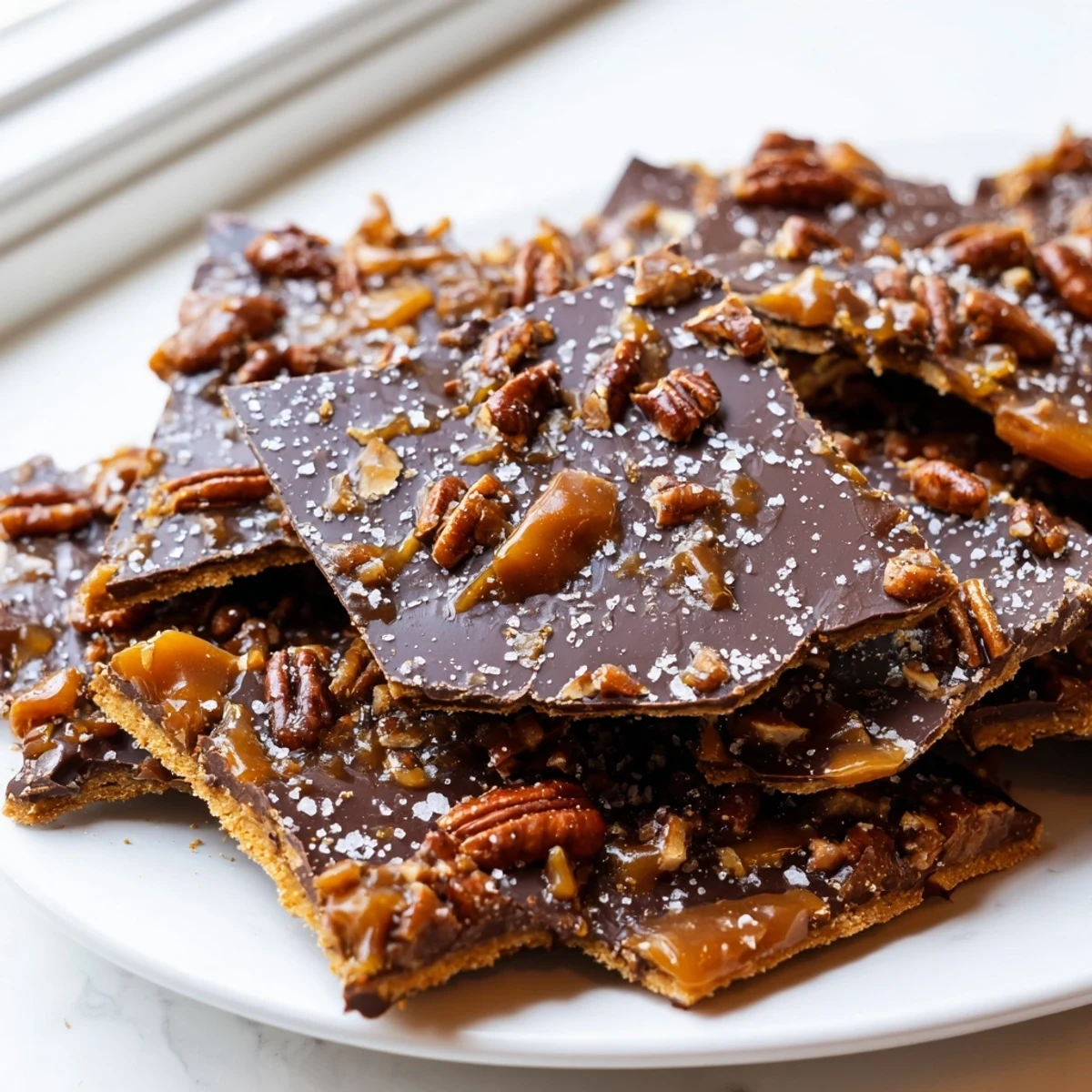 Golden pecan pie bark with gooey caramel, toasted pecans, and melted chocolate on graham crackers
