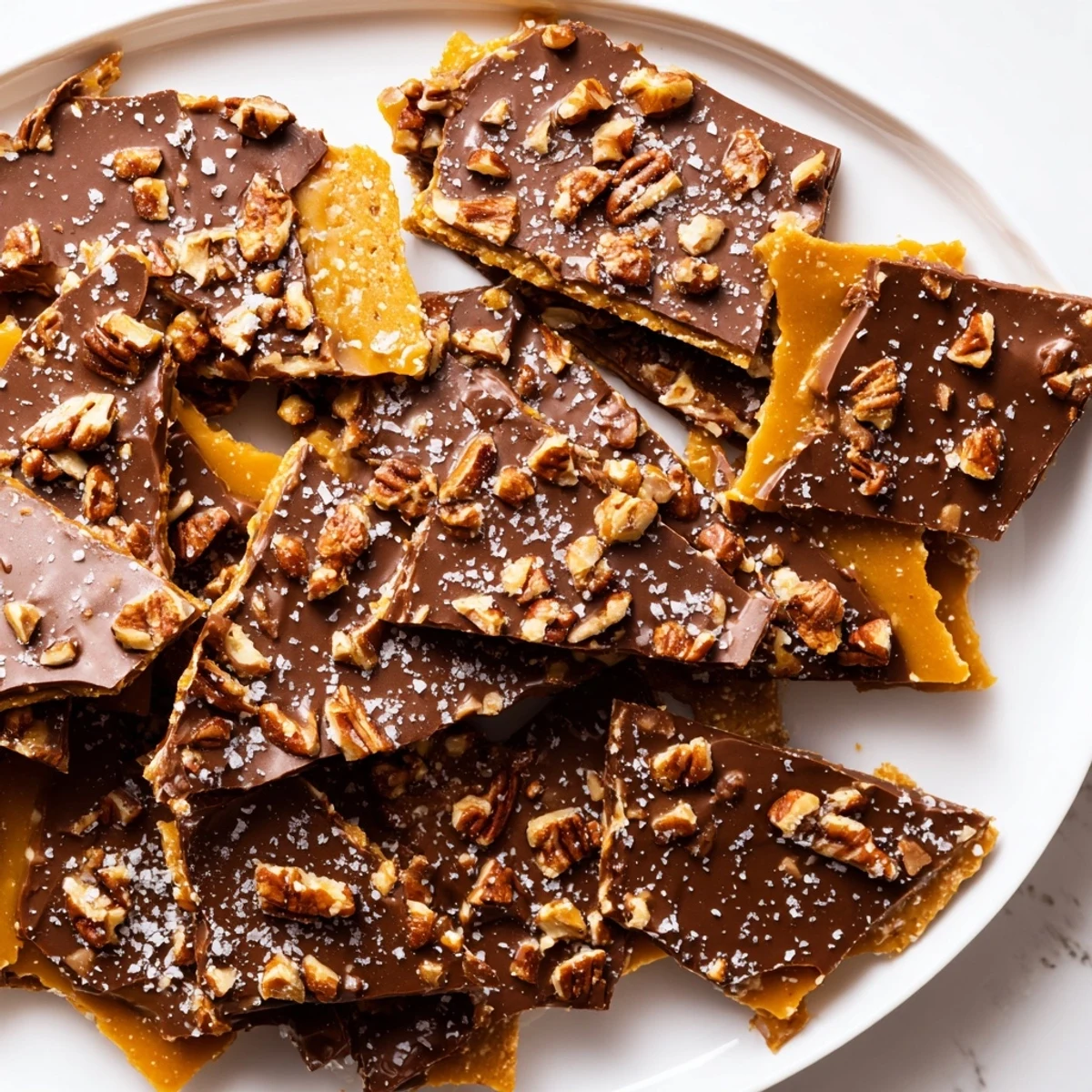 Homemade pecan pie bark broken into rustic shards topped with sea salt and caramel