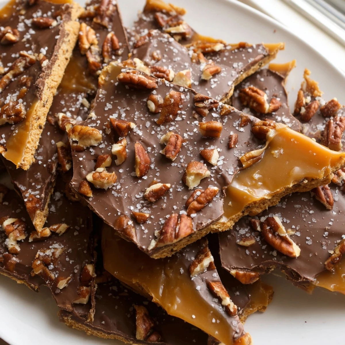 Crunchy pecan pie bark drizzled with rich chocolate and studded with buttery roasted pecans
