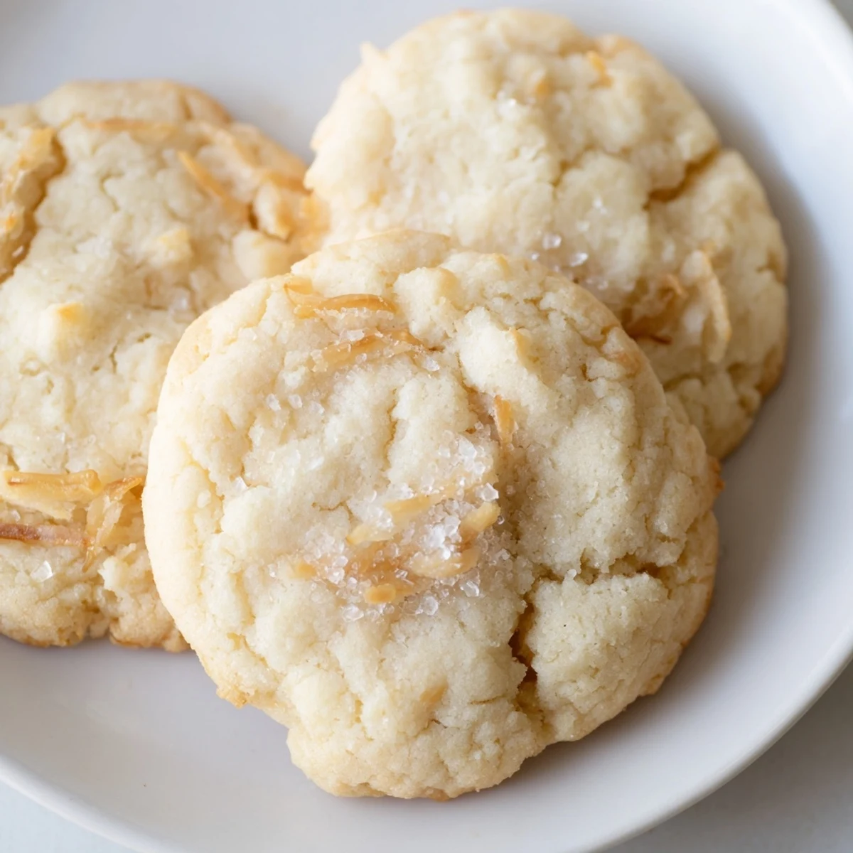 Golden soft and buttery coconut cookies fresh from the oven on parchment paper