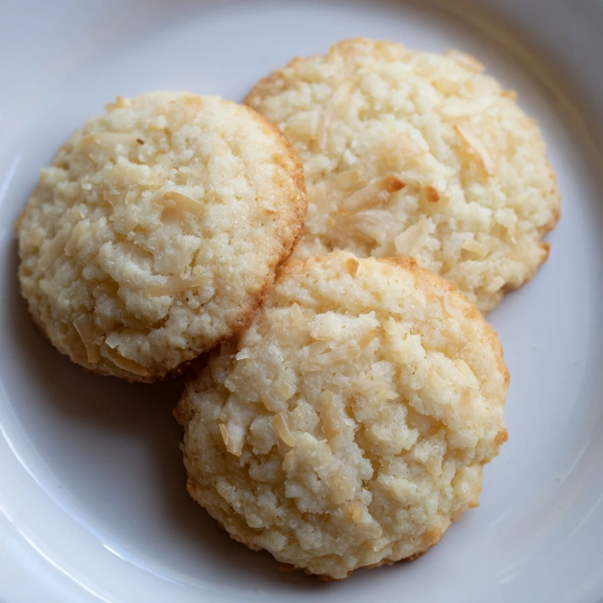 A plate of tender soft and buttery coconut cookies dusted with shredded coconut flakes