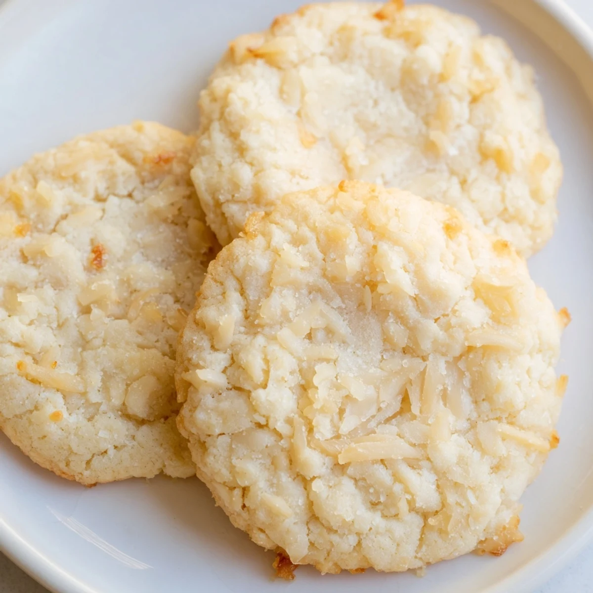 Soft and buttery coconut cookies with crisp edges arranged on a wire cooling rack