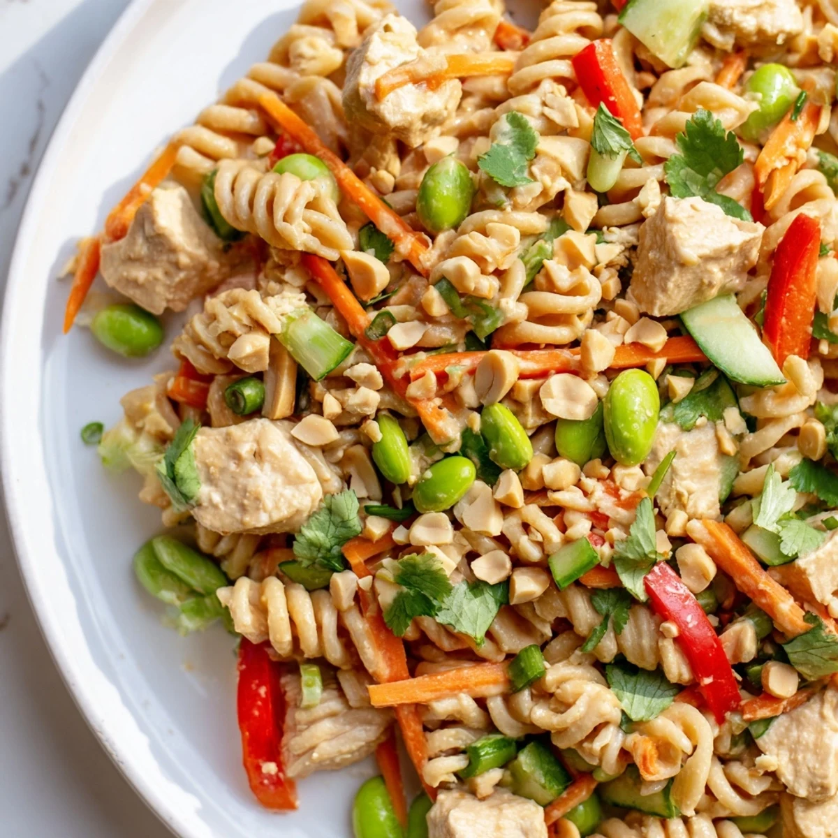 Colorful protein packed Thai pasta salad tossed in creamy peanut dressing with crisp vegetables