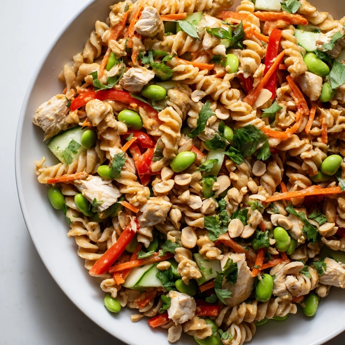 Vibrant protein packed Thai pasta salad garnished with roasted peanuts and bright lime wedges
